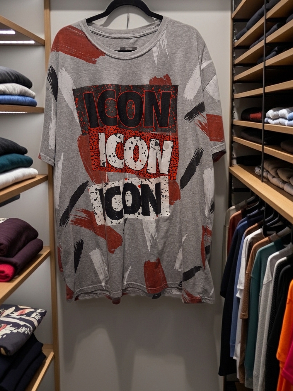 Men's Short Sleeve Graphic Tee - Grey with Red & Black Brushstroke Print "ICON"